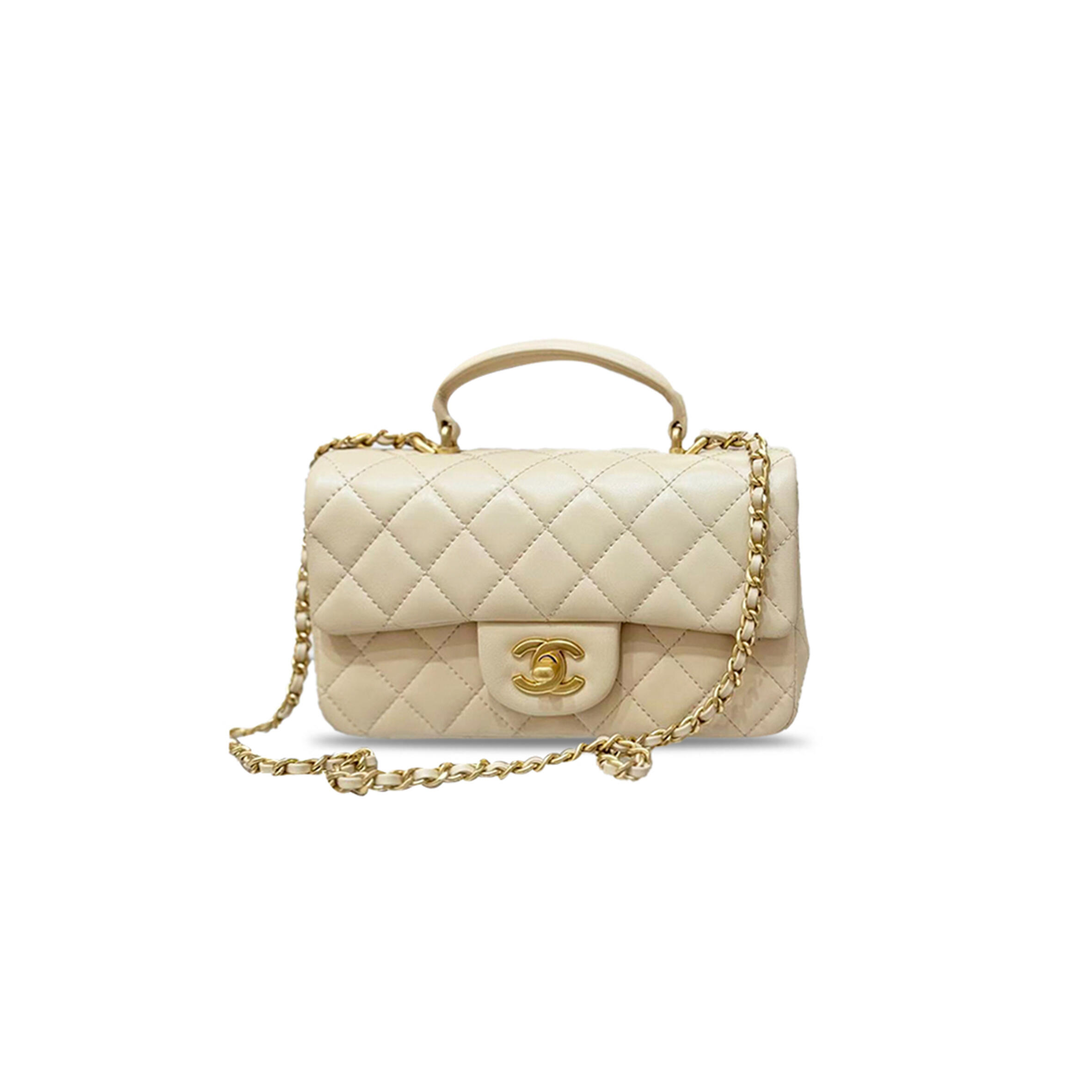 CHANEL MINI RECTANGULAR FLAP WITH TOP HANDLE LAMBSKIN LIGHT GOLD HARDWARE  (20*13*6cm)